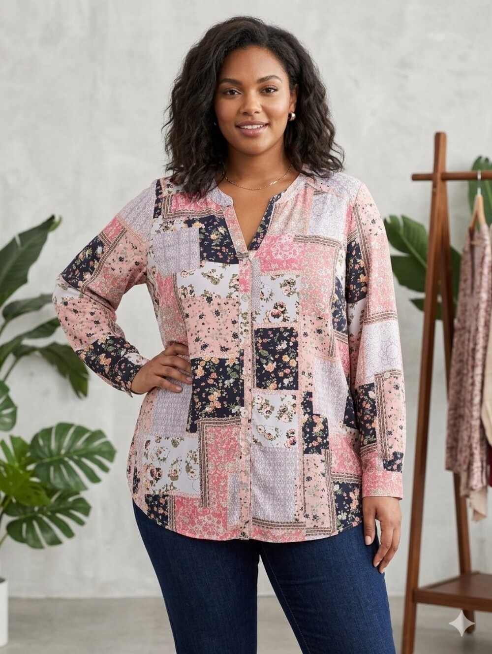Westport Pink and Navy Patchwork Floral Blouse. 3X